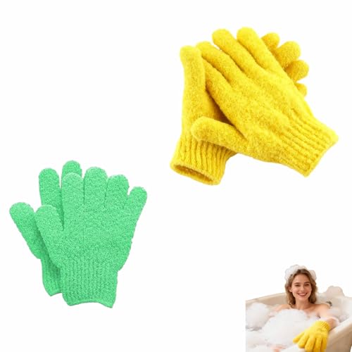 4-Pack SpaGlow Exfoliating Bath Gloves - Body & Face Scrub for Smooth Skin, Prevent Acne, Unclog Pores. Deep Cleansing and Massage Spa Gift Set for Women/Men, Yellow and green