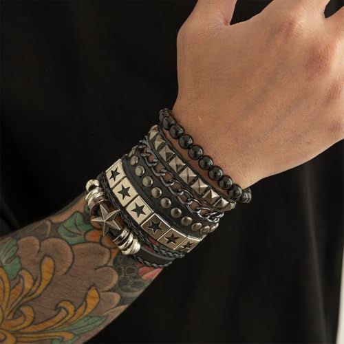 Image of GUSTAVE Bracelet for Man Punk Rock Studded Bracelets Black Leather Cuff Bracelet for Men Women Adjustable Goth Bracelets 80s Retro Style Wristband Halloween Party Accessories
