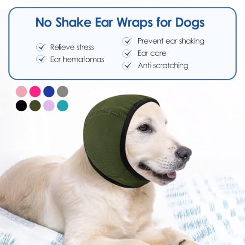 Image of Dog Calming Hoodie No Shake Dog Ear Wraps Water Resistant Ear Cover | Anxiety Relief Ears MuffsNoise Protection for Firework, Grooming, Thunderstorms, Swimming, Bathing, ArmyGreen L