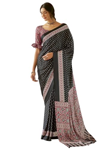 Image of SAREE MALL Women's Ajrkh Print Satin Crepe Polka Dot Printed Saree With Unstitched Blouse Piece