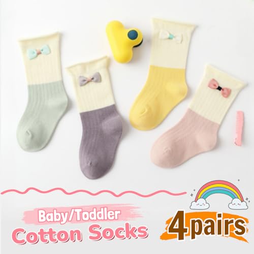 4 Pairs Toddler Baby Girl Kids Socks, Cute Bow Soft Cotton Crew Socks, 0~5T2
