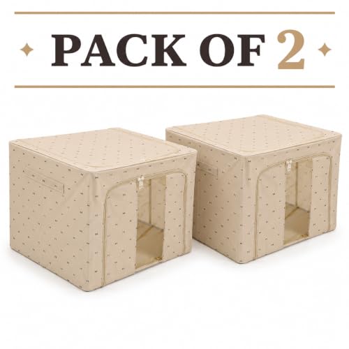 Image of Epicasa 66L Extra Large Foldable Cloth Storage Organizer Box | Non-Woven Fabric with MDF Board & Strong Metal Frame | Printed Storage Bag for Clothes, Sarees, Toys, Blankets, Bedsheets (Set Of 2)