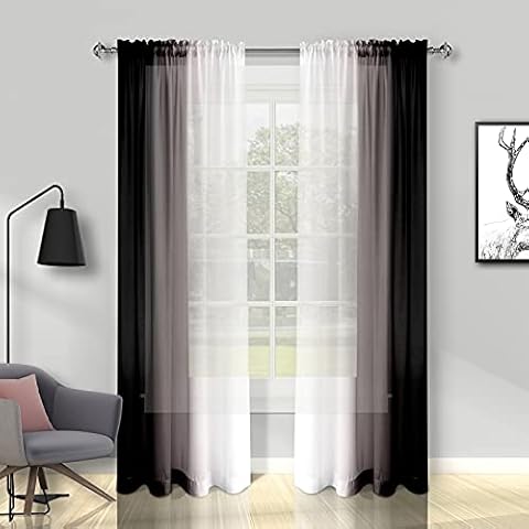 Melodieux Black Ombre Sheer Curtains 84 Inches Long for Living Room, Bedroom Chiffon Black White Gradient Rod Pocket Voile Drapes, 52 by 84 Inch, 2 Panels Cover