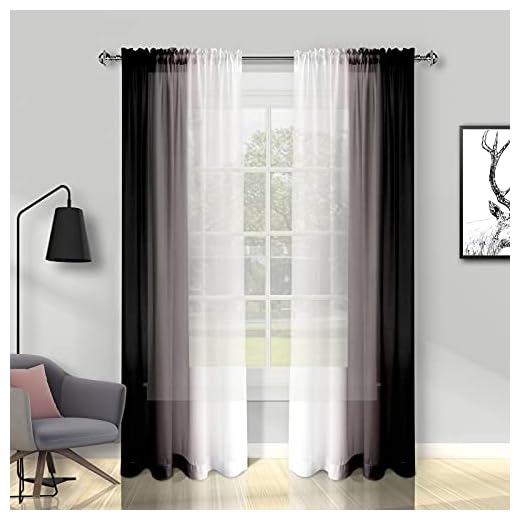 Melodieux Black Ombre Sheer Curtains 84 Inches Long for Living Room, Bedroom Chiffon Black White Gradient Rod Pocket Voile Drapes, 52 by 84 Inch, 2 Panels