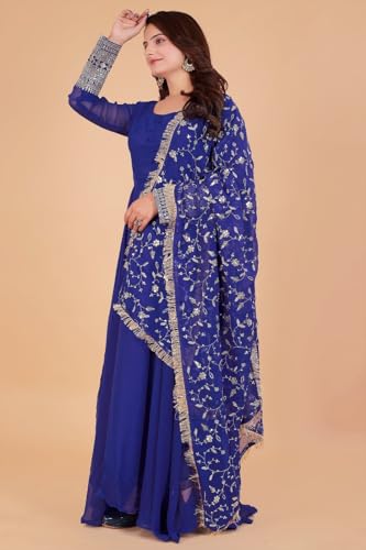 Image of ROYALICA Women's Georgette Gown Set with Solid Pattern Floor Length Round Neck Fit & Flare Full Sleeves Gown Pant and Embroidery Work Dupatta | Anarkali Gown Set for Women