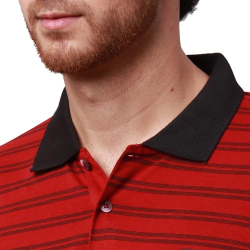 Image of Park Avenue Men's Cotton Polyester Blend Stripe Pattern Slim Fit Rib Collar Polo Neck Half Sleeve Casual T-Shirt