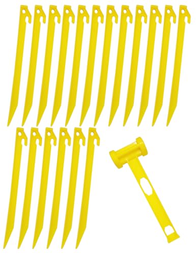 18x Heavy Duty Extra Long 13-3/4' Plastic Tent Awning Pegs, Tent Stakes, Sand Stakes with 1x Hammer for Beach Camping Caravan