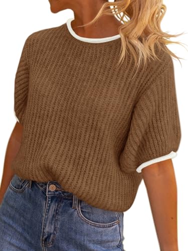 Image of Saodimallsu Womens Puff Short Sleeve Sweater Tops Spring Summer Color Block Ribbed Knit Crew Neck Going Out Shirts