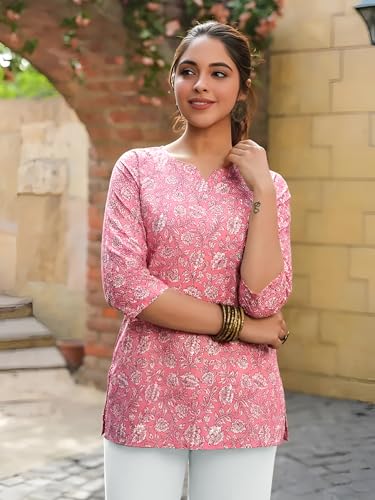 Image of Pinkmint Women Short Kurti | Cotton Blend Printed Tunic Top | Trendy Casual Top | Casual & Office Wear Ethnic Top for Jeans