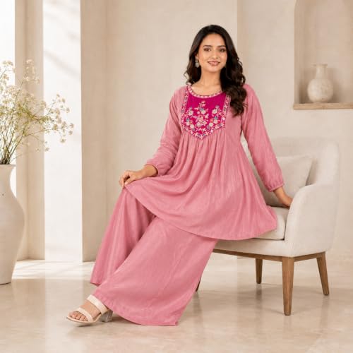 Image of Embroidered Sharara Set for Women | Roman Silk Short Kurta with Flared Sharara Pants | Designer Festive Ethnic Wear Suit Set for Weddings, Sangeet & Celebrations