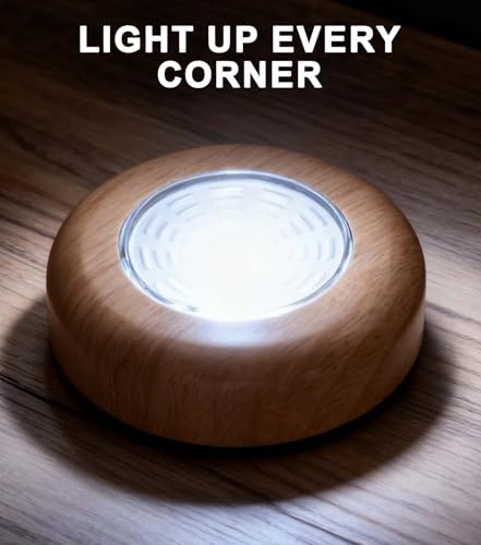 Image of Small Push Light, 6 Pack Under Cabinet Lights Battery Powered, Wood Look LED Touch Light, Wireless Puck Lights Stick On for Kitchen, Wardrobe, Closet