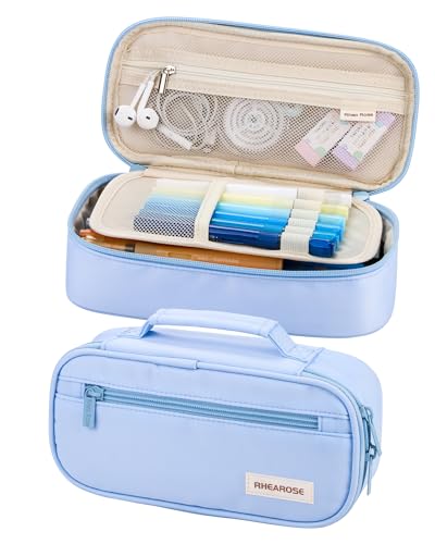 Rhea Rose Large Pencil Case Cute Soft Pen Pouch, Aesthetic Zipper Pencil Box,Pen Bag with Handle School Supplies for Teen Girls Women, Blue
