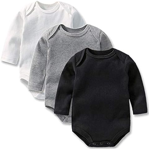 GLEAMING GRAIN Newborn Baby Black Bodysuits 100% Cotton Long Sleeve Unisex Baby Grey Infant White Bodysuit 3 Months 3-Pack(Boy,6M) Cover