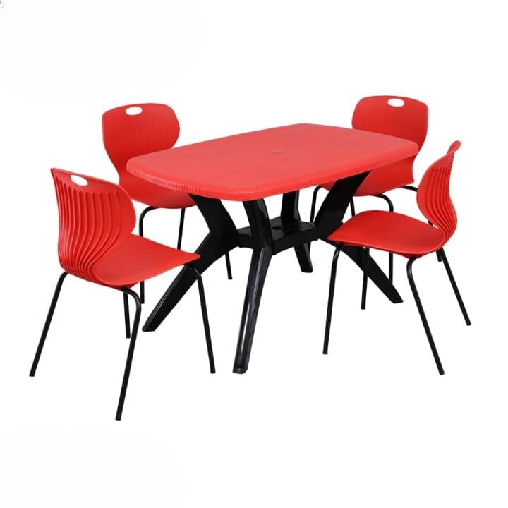 Image of Furniture 4 Seater Max Plastic Cross Leg Dining Table and 4 Nos Bloom Chair Shell with Stainless Steel Legs for Home,Garden & Cafeteria(Color -Red top with Black Legs, DIY(Do-It-Yourself)