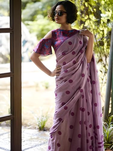 Image of Sidhidata Women's Polka Dot Printed Linen Cotton Saree With Unstitched Blouse Piece (Laddu Free Size)