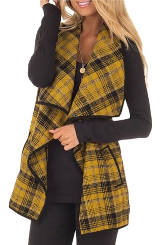 Image of YACUN Women Plaid Vest Lapel Open Front Sleeveless Cardigan