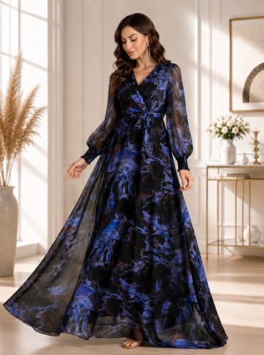 Image of LITZO Women's One Piece Dress - Georgette Floral Printed Western Gown | Long Sleeve V Neck Fit & Flare Flared Hem Design | A-Line Maxi Dress for Women | New Year Party Outfit (NO-08-10)