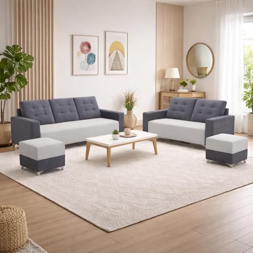 Image of Hakuna Dual Tone Plush Velvet 3 Seater + 2 Seater Sofa Set with 2 Ottoman | Silken Velvet Suede Upholstery | Designer Sofa for Living Room, Office Spaces (Dark Grey & Light Grey)
