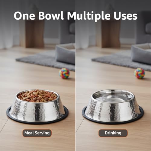 Image of Amazon Basics Stainless Steel Pet Feeding Bowls for Dog & Cats | Anti Slip Base | Hammering in SS Shiny - 900 ml