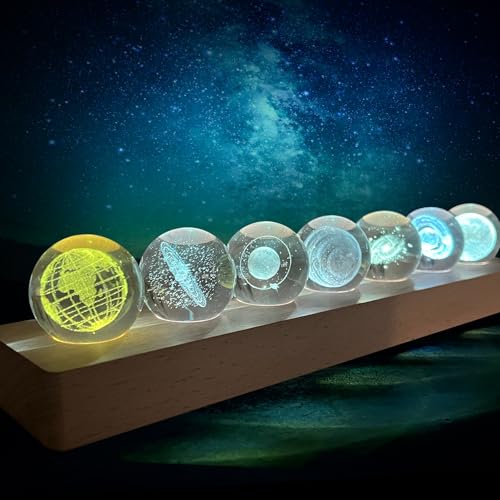 Image of JOJOCY 7 Pcs Solar System Planet Crystal Balls LED Wooden Base, 3D Outer Space Decor with 7 Colors, Includes Earth, Sun, Milky Way & More, Ideal Gift for Astronomy Lovers, Room Office Decoration