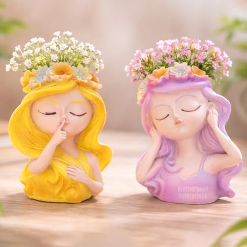 Image of Cute Beautiful Yellow & Purple Girl Resin Succulent Planter Flower Pot Handicraft Pack of 2 Indoor Outdoor Flower Pot Handicraft Planter, Plant Container Set