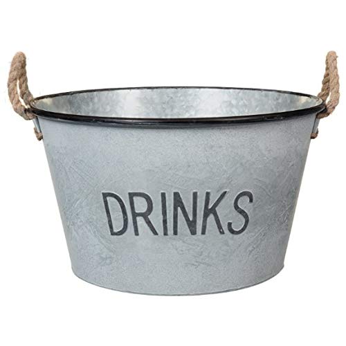 MMJ Large Round Galvanised 'Drinks' Bucket Planter With Rope Handles Display Your Favourite Flowers in Your Garden Dimensions: W43.5 x H25.5cm (Approx.) - Drinks