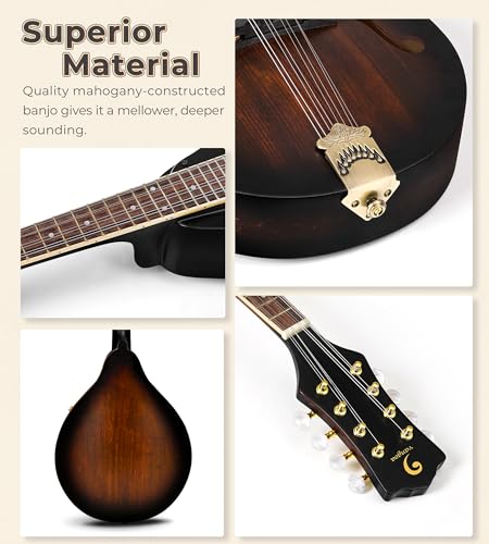Vangoa Mandolin Instrument A Style, Acoustic Mandolin Musical Instrument Solid Spruce Top 8 String for Beginners, Adults, Teens, Dark Brown - Image 6