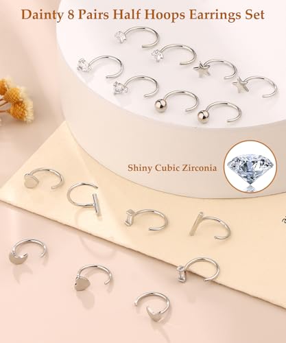 SAMOCO 8 Pairs Half Hoops Earrings Small Huggie Hoop Earrings Ball, Bar, Star, Moon, Heart, Cross, Dot, Triangle Half Hoops Cartilage Piercing Earrings4