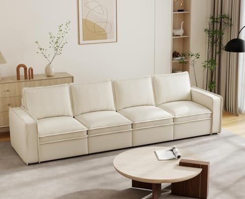 Image of EALSON 119 inch Modular Sectional Sofa Modern Comfy 4-Seater Couch Sofa Linen Fabric Cloud Couches with 24 inch Deep Seat and Wooden Legs for Living Room /Bedroom, White