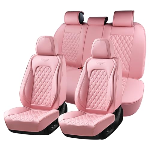 Image of Coverado Full Set Car Seat Covers, Luxury Faux Leather Waterproof Seat Covers, Pink Car Seat Protectors, Universal Fit for Most Cars, Automotive Seat Covers-Pink