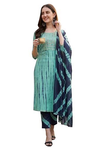 Image of MIRCHI FASHION Pure Cotton Women Straight Embellished Ajrakh Print Kurti Set with Dupatta and Pant