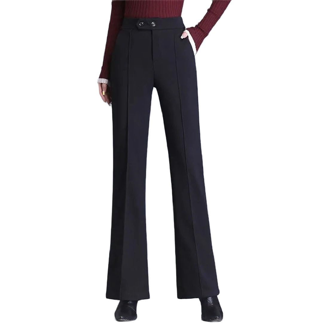 Womens Wool Pants High Waist Elastic Slightly Flared Pants Slim Fit Casual Wool Pants Black