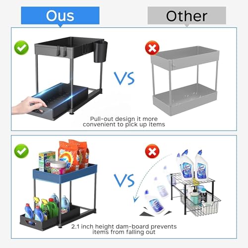 Image of Umite Chef Under Sink Organizer Rack Adjustable 2-Tier Shelf for Kitchen Cabinet, Expandable Storage Rack with Removable Panels,Professional for Kitchen Bathroom Carbon Stainless Steel - Black
