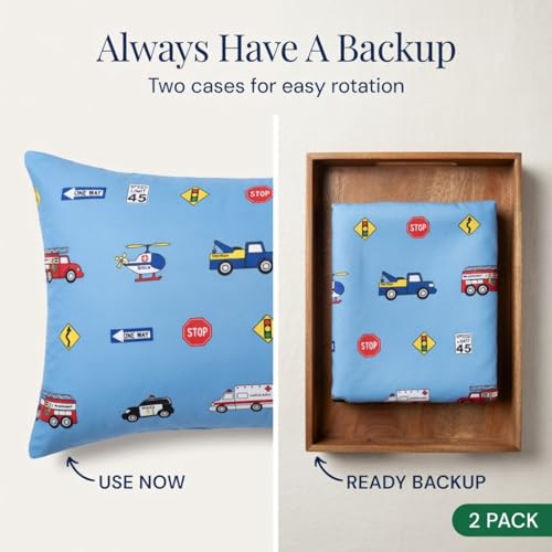 Image of 2-Pack Toddler Travel Pillowcases -100% Soft Microfiber, Breathable and Hypoallergenic - 14 inch by 20 inch Kids Pillowcases fits Pillows 14x19, 13x18 or 12x16, Fire, Police and Rescue
