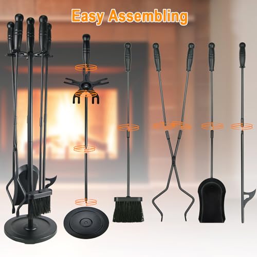 Fireplace Tools Set 5 Pcs 31.5In Fireplace Tools Indoor Fireside Accessories Large Fire Place Tool Set Outdoor Fireplace Kit with Poker Shovel Tongs Brush, Stand
