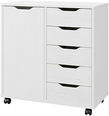 Panana 5-Drawer Chest with 1 Door, Wooden Chest of Drawers Storage Dresser Cabinet with Wheels, Office Organization and Storage, Bedroom Furniture