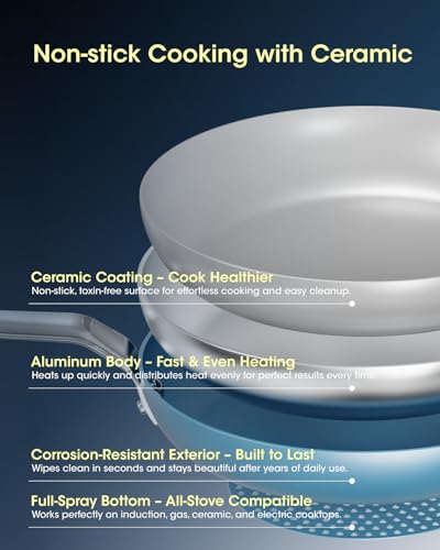 Image of Ceramic Frying Pan Set 3-Piece, Swiss Nonstick Coating PFAS /PTFE /PFOA-Free, Induction Compatible Non Toxic Cookware, Oven & Dishwasher Safe, Space Saving Floating-Stack - 8 /9.5 /11 Inch with Spatula