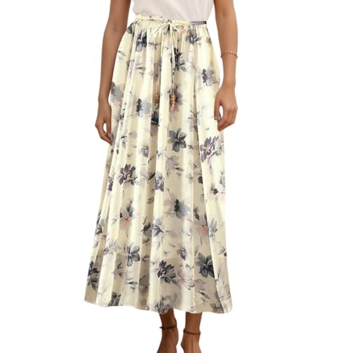 Women’s Chiffon Floral Print A-line Midi Skirt Lightweight Dressy Casual Elastic Waist Boho Flowy Skirts for Women