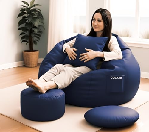 Image of Premium 2XL Lamba Leather Teardrop Bean Bag Cover & Chair Set with Footrest & Two Cushion, Faux Leather, Indoor Gaming and Lounging, Adult Size (Navy, XXL, Solid)