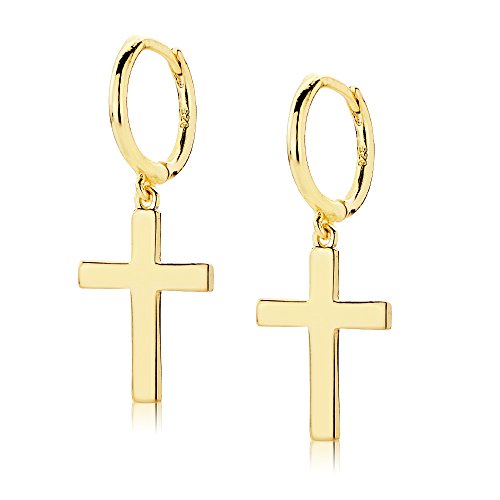 Iyé Biyé Jewels - Pendientes aros 10mm mujer plata de ley 925 cruz lisa 11x7 mm baño oro amarillo 18k cierre