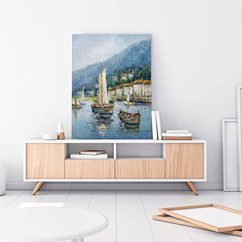Posters Mediterranean Landscape Oil Painting Seascape With Yacht Impressionist Wall Art Canvas Wall Art Prints For Wall Decor Room Decor Bedroom Decor Gifts 24X32Inch(60X80Cm) Frame-Style #TOP2