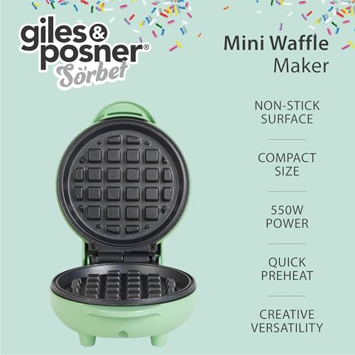 Giles & Posner EK4214GSGR Mini Waffle Maker – Non-Stick Waffle Iron Machine, For Belgian & American Style Waffles, Sweet/Savoury Snacks Desserts, Compact, 11.5 cm Round Cooking Plate, Pastel Green