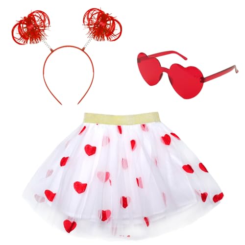 Image of 3Pcs Valentine's Tulle Skirt Sets Heart Embroidered Ballet Skirt with Heart Glasses Ponytail Headband for Girls
