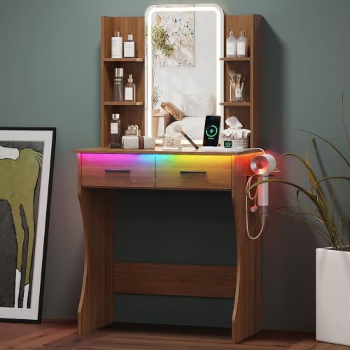Image of HUANLEGO Small Walnut Vanity Desk with Mirror and Lights for Women Girls