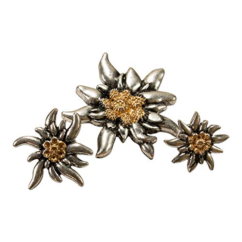 Edelweiss Pin Set of 3 (3 Sizes) – Pin for Men and Women, Costume Pins for Costume Blouse, Hat Pins, Lapel Pin and Buttons for Oktoberfest (Two-Tone Colour), 95% metal alloy, 5% copper