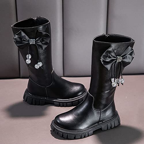 Girls Black High Boots Kids Side Zipper Chunky Bottom Low Heels Thermal Warmth Boots with Bowknot for Fall Winter3