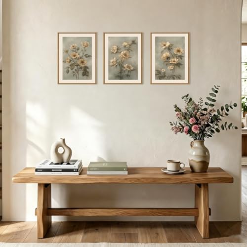 Image of KAIRNE Vintage Botanical Flower Framed Canvas Wall Art Set,Boho Green Beige Floral Wall Decor,Rustic Wildflower Art Prints,Modern Minimalist Artwork for Living Room,Bedroom,Farmhouse,Office-12 x16 x3