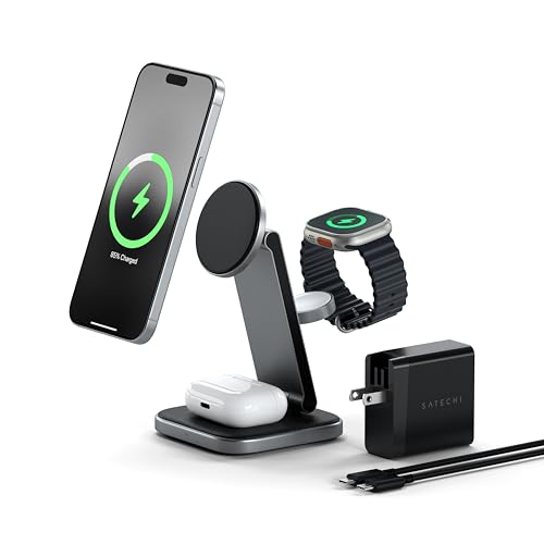 SATECHI OntheGo™ Caricatore Wireless 3 in 1 Pieghevole, Stazione di Ricarica Magnetica 15W con Certificazione Qi2 per tutti gli iPhone 17 16 15 fino a 12, Apple Watch Serie Ultra SE e AirPods Pro 4 3