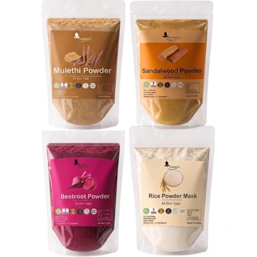 Image of Herbal Mulethi + Sandalwood + Beetroot + Rice Powder Mask (pack of 4) by Kojagari | D Tan, Pigmentation, Darkspots, Tan Removal Combo Face Pack | Brightening & Glow |
