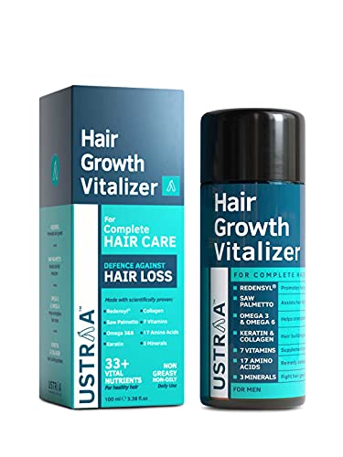 Ustraa Hair Growth Vitalizer - With Award-Winning Redensyl, Jojoba Oil and Saw Palmetto - Over 33 Vital Nutrients - Helps Grow Thicker, Stronger Hair, Helps fight Hair Loss, Boosts Hair Growth, Delays Hair Greying - 3.38oz